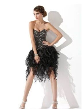 Jovani Black Strapless Beaded Feather Cocktail Dress